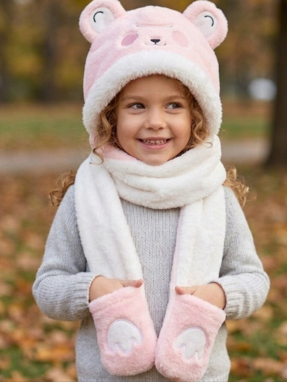 Pink White Plush Bear Hat Scarf Mittens 3 in 1 Hooded Pocket Scarf OS One Size